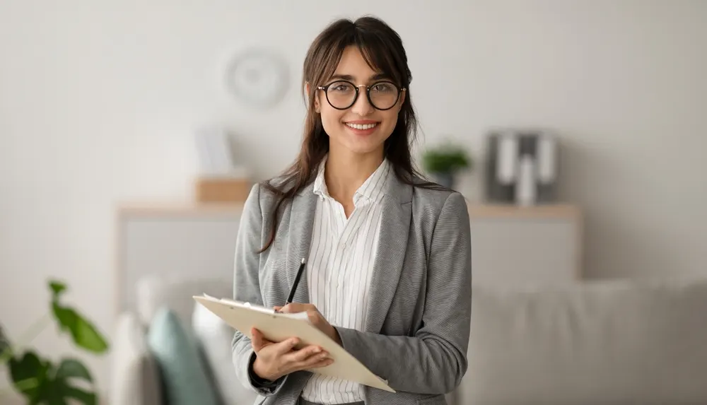 A smiling counselor in a grey blazer holding a clipboard and pen in a bright office